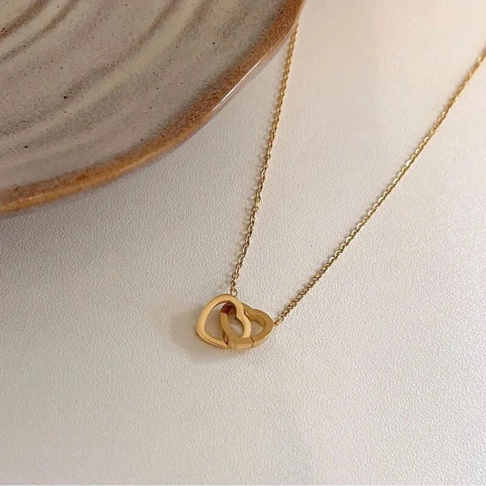 Simple Double Heart Pendant Necklace for Women Couple Stainless Steel - Picture 3 of 6